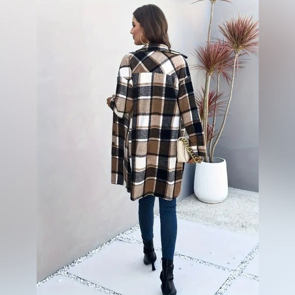 Brand New Camel Brown Flannel Shacket Coat Plaid Button Down Shirt Jacket - Picture 5 of 16